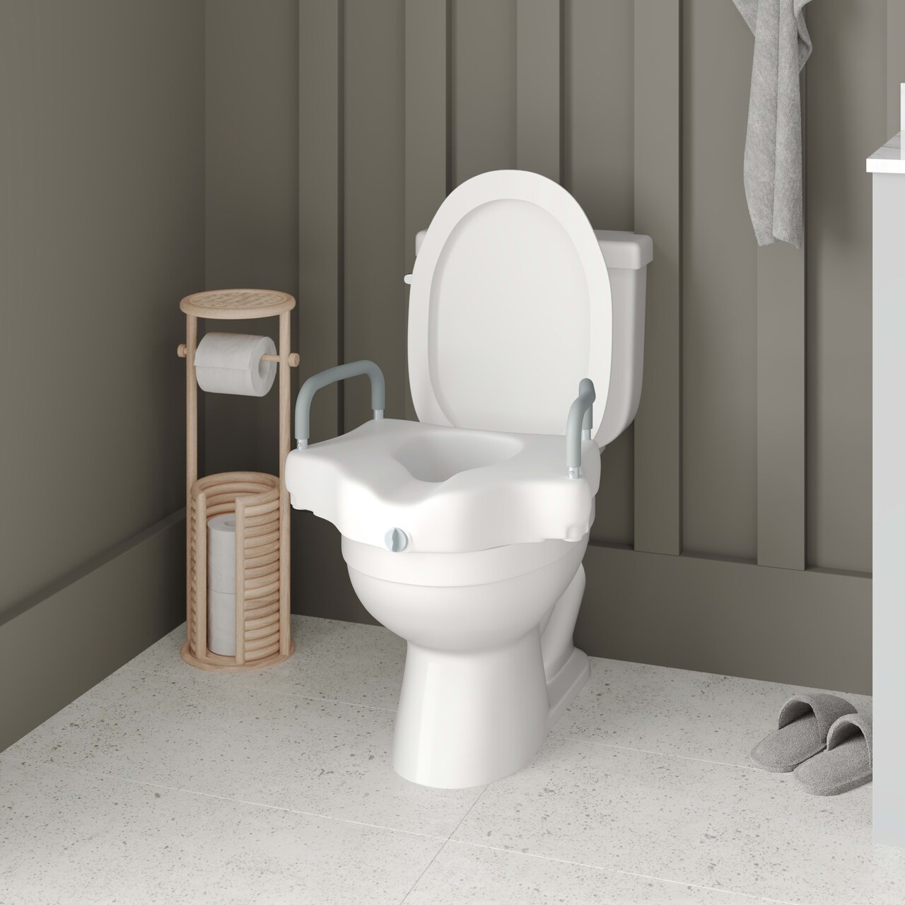 Emma and Oliver Ramsey Elevated Toilet Seat for the Elderly with Height Adjustable Foam Wrapped Handles and Locking Safety Mechanism